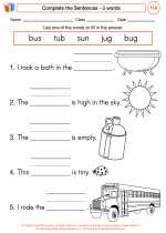 English Language Arts - First Grade - Worksheet: Complete the Sentences - ŭ words