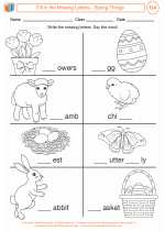 English Language Arts - Third Grade - Worksheet: Fill in the Missing Letters - Spring Things
