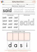 English Language Arts - Third Grade - Worksheet: Spelling Words