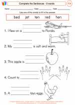 English Language Arts - First Grade - Worksheet: Complete the Sentences - ĕ words