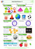 Mathematics - First Grade - Worksheet: Daily Spiral Review 13, Grade 1